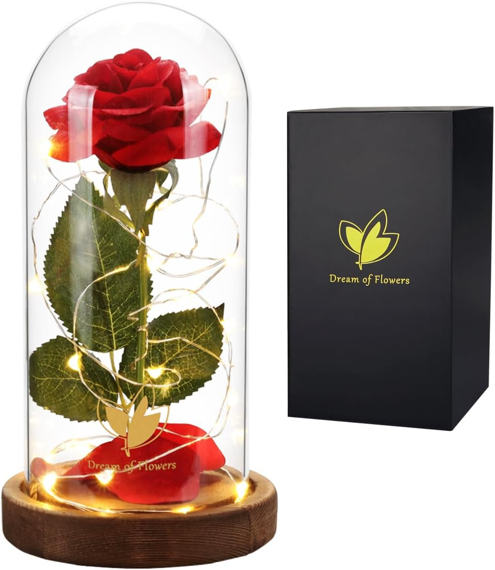 Beauty and the Beast Red Rose in Glass Dome with Fairy Light String, Valentine Rose Gift for Her, Gifts for Girlfriend, Mother'S Day Gifts