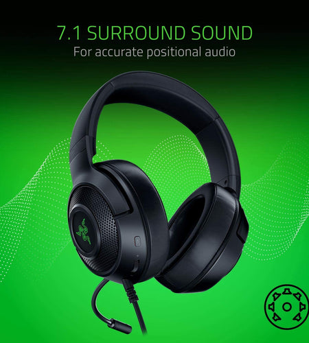 Kraken X USB Ultralight Gaming Headset: 7.1 Surround Sound - Lightweight Frame - Green Logo Lighting - Integrated Audio Controls - Bendable Cardioid Microphone - for PC - Classic Black