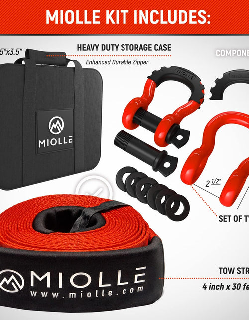 Load image into Gallery viewer, gear Tow Strap 4”X30’- 45000Lbs MBS (Lab Tested) Recovery Strap Kit Includes: Tow Rope, 2 D-Ring Shackles MBS- 62700LBS, Storage Case
