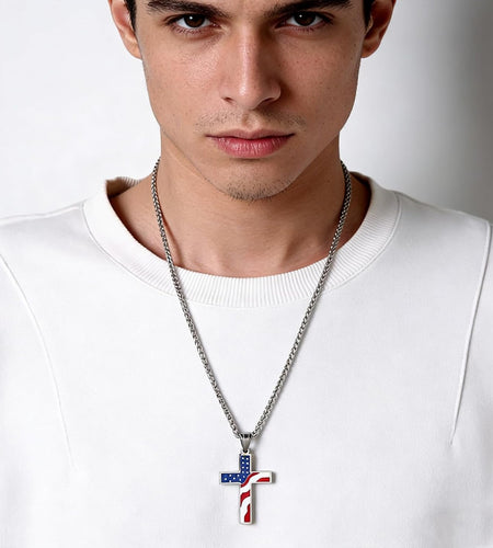 American Flag Patriotic Cross Religious Jewelry Pendant Necklace